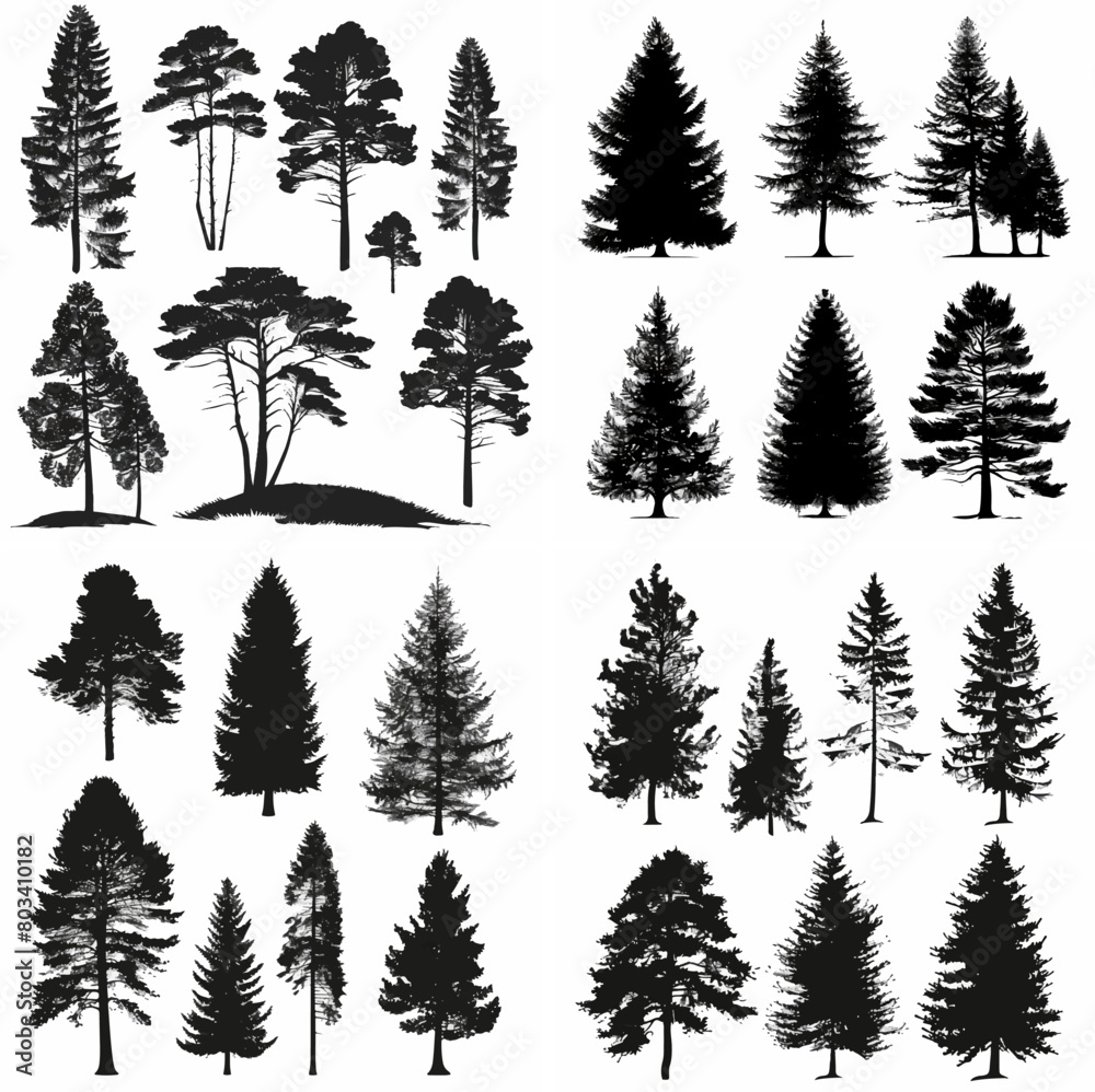 Obraz premium black tree silhouette set pure badge eco outline recreation breath emblem label protection graphic pine trunk woodland