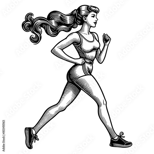 woman in motion, jogging with determination in classic athletic wear sketch engraving generative ai fictional character PNG illustration. Scratch board imitation. Black and white image.