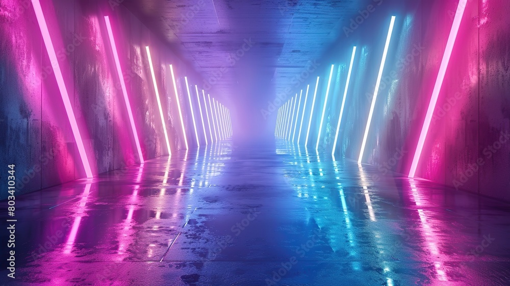 Abstract background with blue pink purple neon lights shining in a ...
