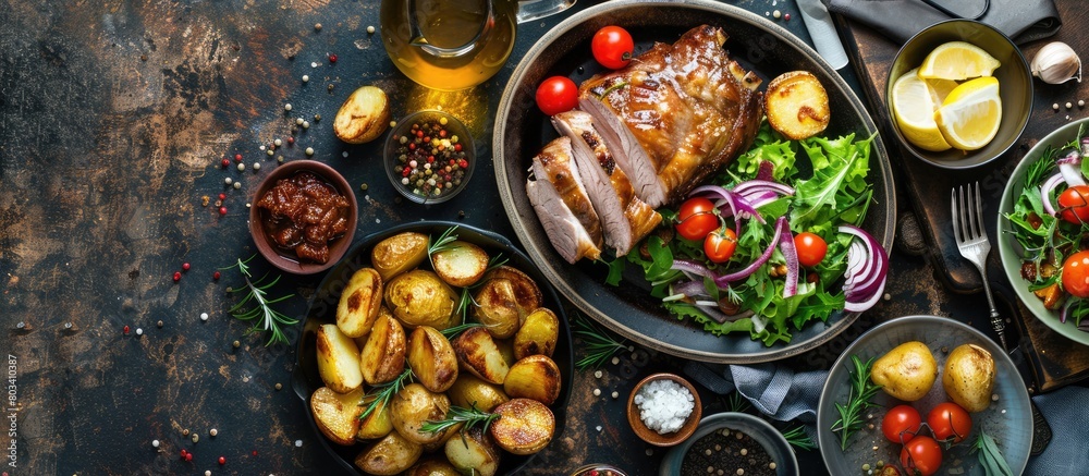 Dinner featuring slow roasted pork, potatoes, and salad. Flatlay with room for text. Dinner featuring slow roasted pork, potatoes, and salad. Flatlay with room for text.