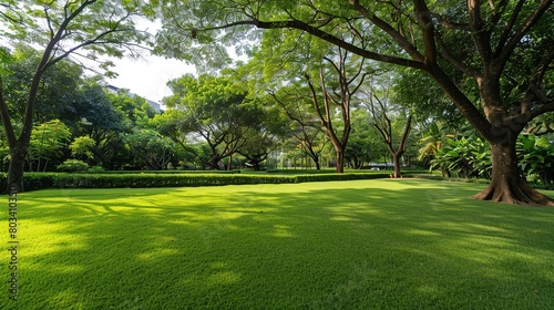 A beautiful garden with neat green grass, trees and bushes. The background of a beautiful garden.