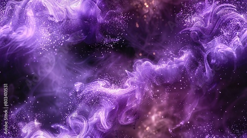   A close-up of a vibrant purple and black backdrop, adorned with intricate smoke patterns and an array of shimmering stars in the foreground photo