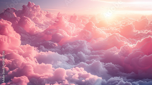 A pink sky with clouds and a sun