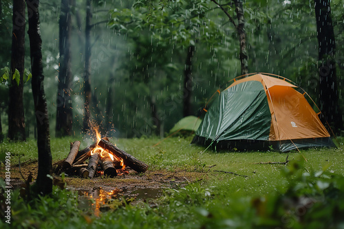 Luminous orange camping tent under the moon in the forest