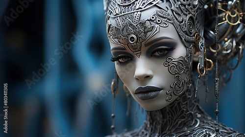 Portrait of a white metal android woman with intricate gold lace as an elite trooper inspired by old science fiction. photo