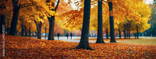 A scenic autumn park vista  painted with hues of yellow  red  and orange leaves  the background softly blurred for added depth