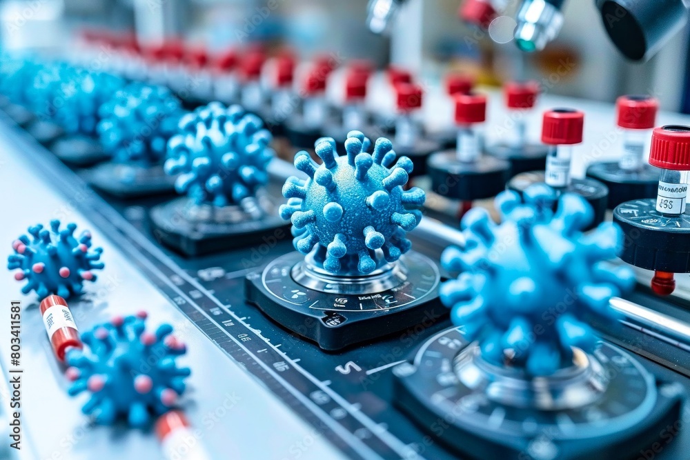 Blue virus models sit on top of lab equipment