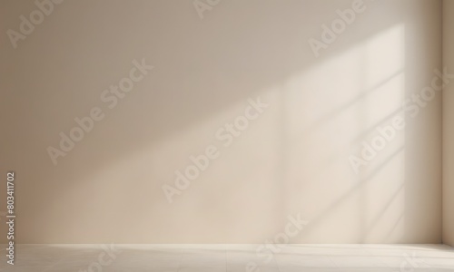 Minimalistic a light beige background for product presentation with light and intricate shadow from the window and wall