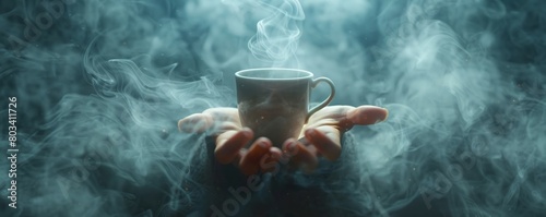 A hand holding a cup of coffee with steam rising from it. The background is dark and smoky. photo
