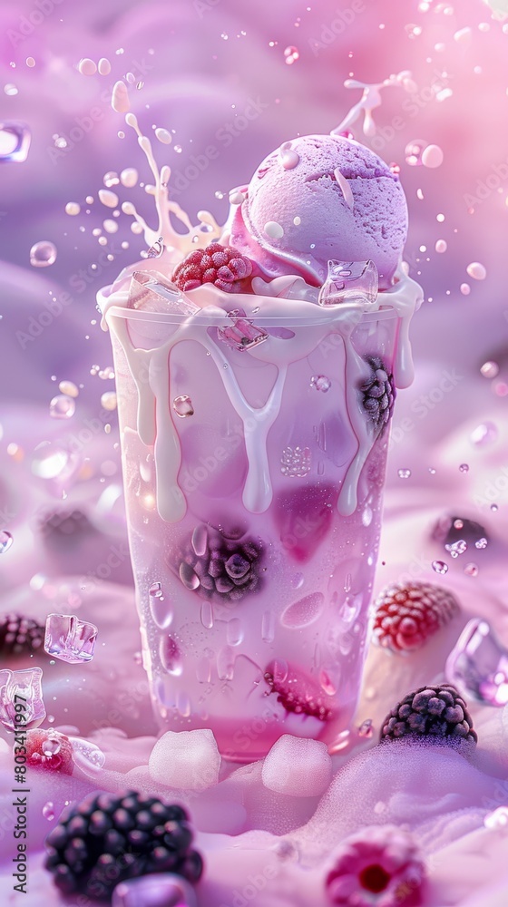 Pink milkshake with a berry explosion, captured mid-movement with a light purple backdrop Pink milkshake with a berry explosion, captured mid-movement with a light purple backdrop
