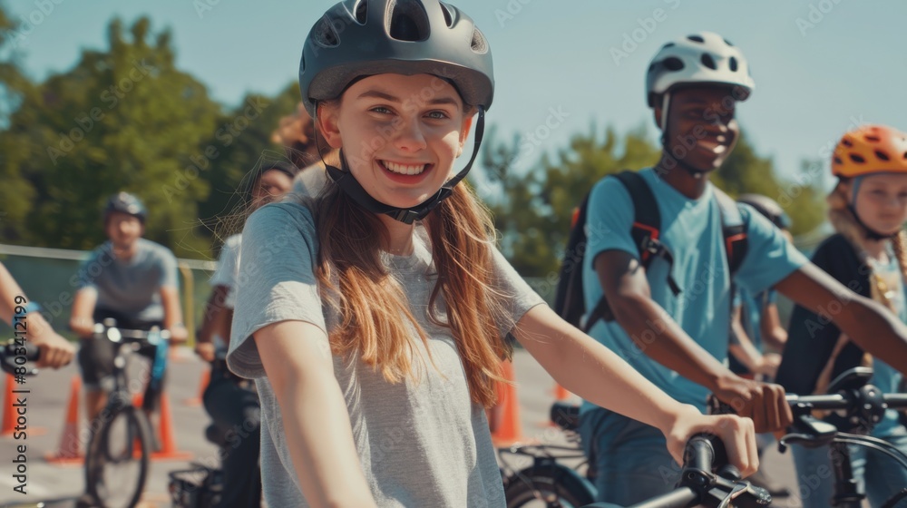 A teenage girl smiling at the camera while wearing a helmet, cycling in a group with friends on a sunny day