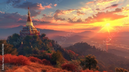 Radiant Sunlight Illuminating Wat Phra That Mae Yen A Panoramic Tribute to Hilltop Serenity in Pai photo