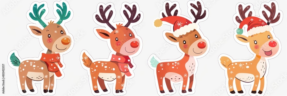 Colorful stickers and cartoon Christmas reindeer designs, perfect for Christmas and New Year decorations.