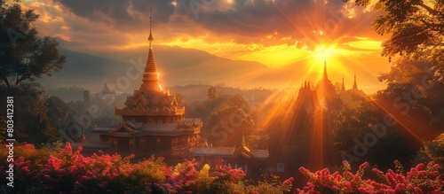 Radiant D Sunlight Illuminating a Golden Chedi of a Northern Thai Temple photo