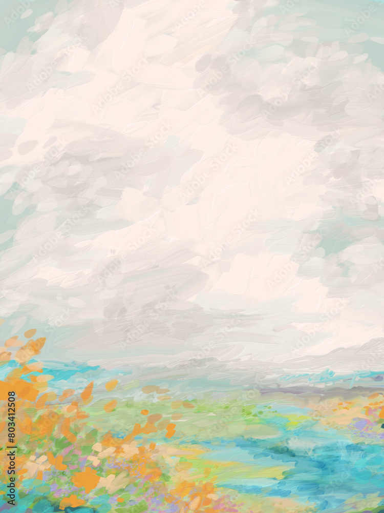 Impressionistic Meadow, Valley or Pasture & Stream or Brook with Spring or Summer Orange Flowers in Bloom, Digital Painting, Art, Artwork, Illustration, Design with Texture