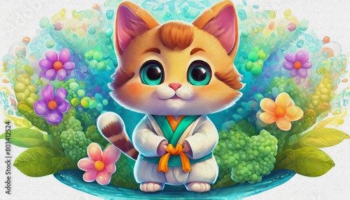 oil painting style CARTOON CHARACTER CUTE baby Funny cat in white kimono exercising yoga, kung fu cat, carate cat