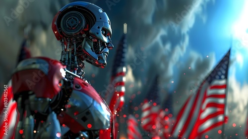 Robot President AI Emerges Triumphant Amidst Adversaries as American Flags Flutter in the Breeze. Concept Politics, Technology, Leadership, Artificial Intelligence, National pride