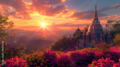 Vibrant Sunlight Illuminating Hilltop Temple Wat Phra That Doi Suthep in Chiang Mai