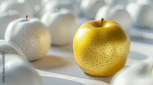 Golden apple is the center of attention in a group of white apples. The contrast creates a sense of importance of the object. Illustration for banner, poster, cover, brochure or presentation. photo