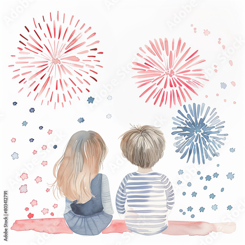 Cute watercolor illustration of siblings watching fireworks celebration festivity fourth of July