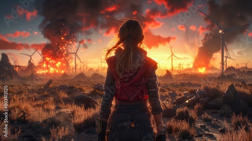 The world is in ruins. The sky is red. A girl is standing in the middle of the field. She is looking at the ruins. She is wearing a red jacket. She has a gun in her hand.
