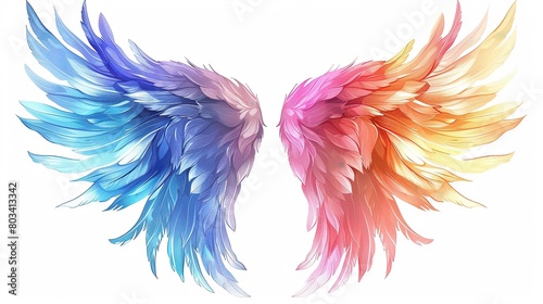 Clipart illustration of rainbow pastel angel wings isolated on white background © KAYU