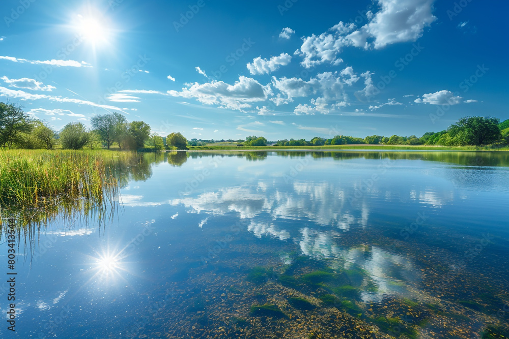 A clear, sunny sky reflecting on the still surface of a tranquil lake.
