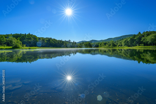 A clear  sunny sky reflecting on the still surface of a tranquil lake.