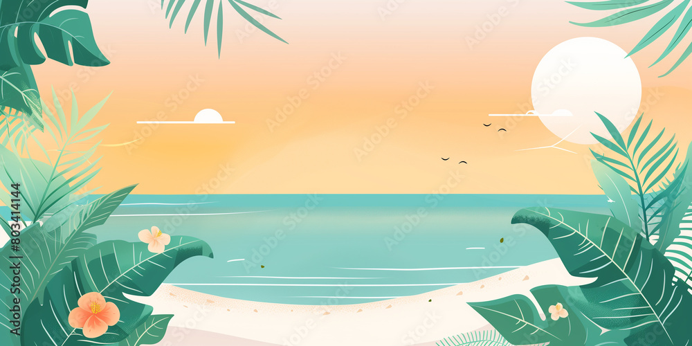  Sunset at a Secluded Tropical Beach with Floral Frame