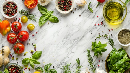 Vibrant tomatoes, fresh basil, and various spices laid out amidst cooking oils and garlic on a marble surface © Vesovic 