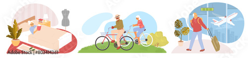 Elderly on holidays weekend enjoying different activities scene set. Senior family traveling by bicycle, mature man going for aircraft trip, old woman resting reading in bed vector illustration
