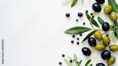 olives with twigs and fresh green leaves on flat white background. Space for text
