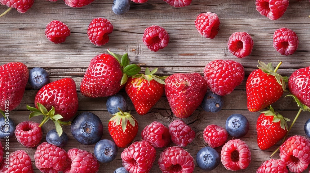   A wooden table with a group of strawberries and blueberries surrounded by raspberries