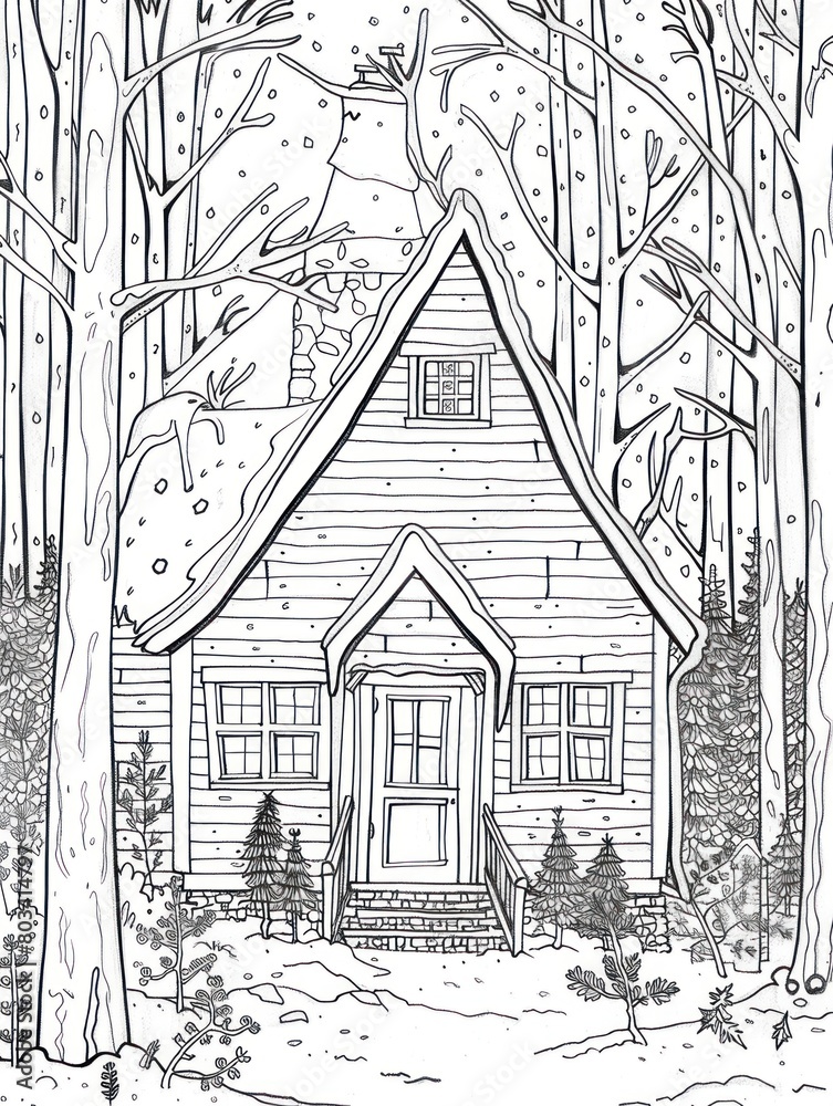 Anti-stress coloring book with a beautiful sketch of a house in the forest for adults.