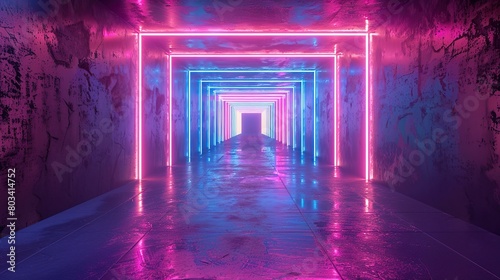 Abstract futuristic background, empty room with neon lights, colorful laser lines, nightclub.