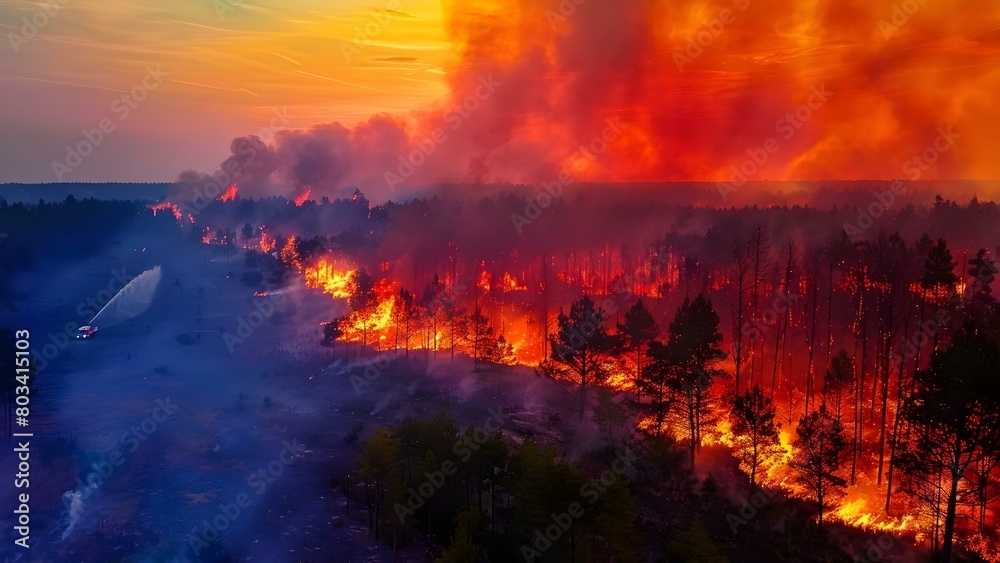 Impact of Global Warming: Aerial Drone View of Forest Wildfire. Concept Global Warming, Forest Wildfire, Aerial Drone View, Environmental Crisis, Climate Change