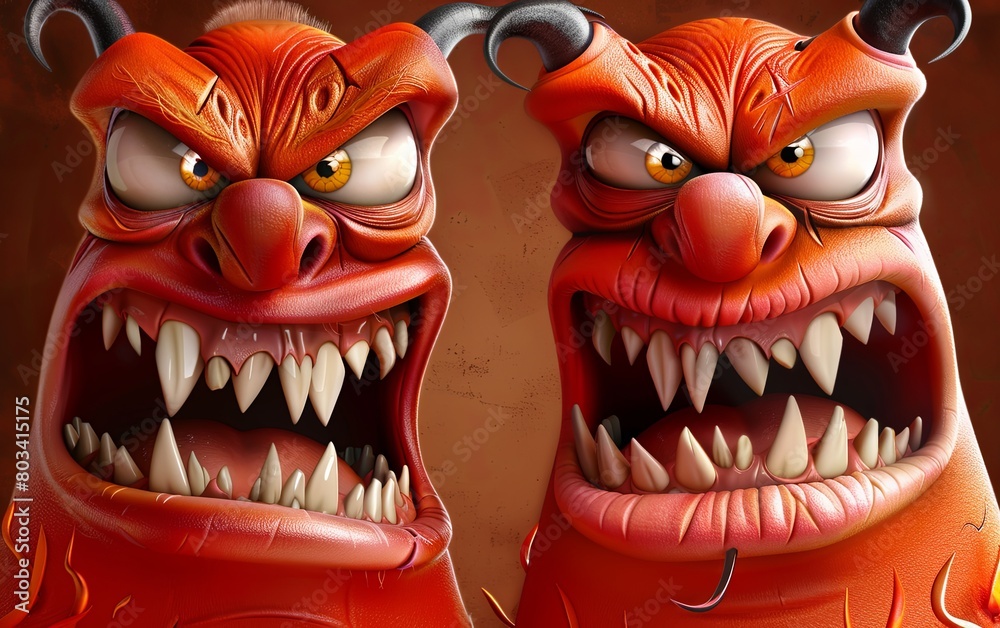Fototapeta premium Two monsters with toothy mouths. A pair of aggressive demons. Cartoon characters. Illustration for cover, card, postcard, interior design, banner, poster, brochure or presentation.
