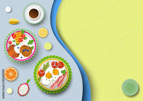 Healthy full breakfast menu with many food and drinks paper cut background. Fried eggs with bacon, sweet hotcake served on plate and coffee or tea beverage vector illustration with place for text