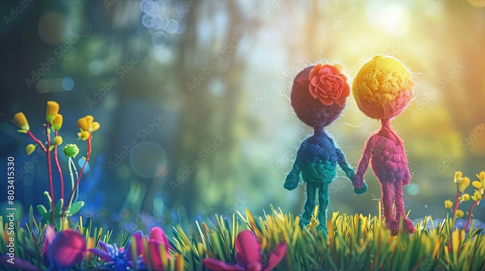 Obraz premium Composition of two faceless dolls holding hands and symbolizing friendship. The toys are made by winding threads. Handmade. The concept of equality, unity and friendship. Illustration for design.