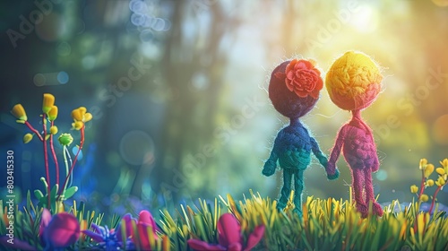 Composition of two faceless dolls holding hands and symbolizing friendship. The toys are made by winding threads. Handmade. The concept of equality, unity and friendship. Illustration for design.
