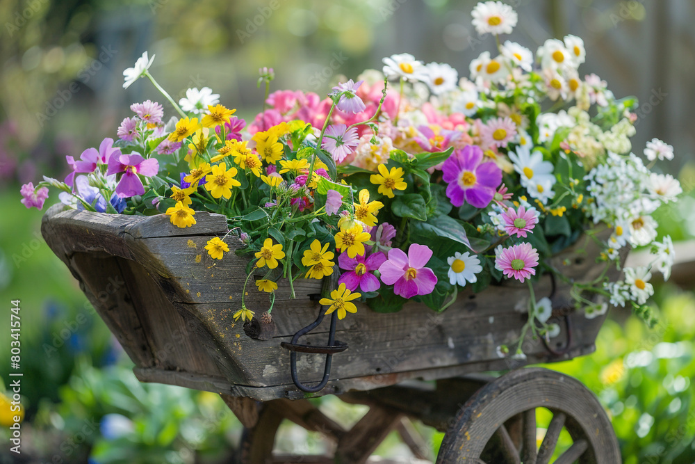 A charming wooden wheelbarrow brimming with freshly picked Easter flowers.
