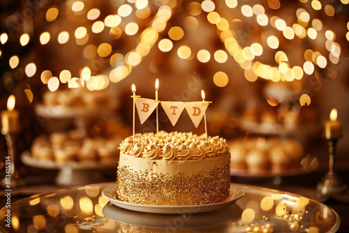 A mesmerizing photograph showcasing a birthday cake adorned with a shimmering gold banner, adding a touch of grandeur to the occasion. photo