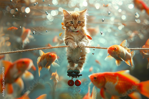 A cat wearing roller skates and balancing on a tightrope above a pool of fish.