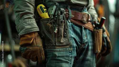 This closeup shot of the gloved hands and tool belt worn by a handyman, with tools neatly arranged inside, photo