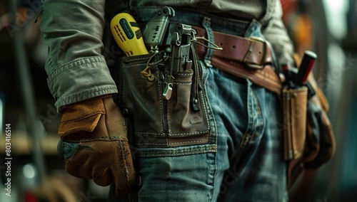 This closeup shot of the gloved hands and tool belt worn by a handyman, with tools neatly arranged inside,