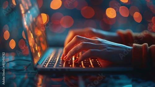 Close-up of a person typing on a laptop keyboard with a blurry background of orange and yellow lights.