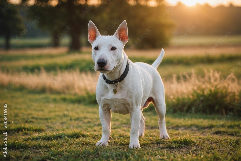 full body of Miniature Bull Terrier dog on blurred countryside background, copy space