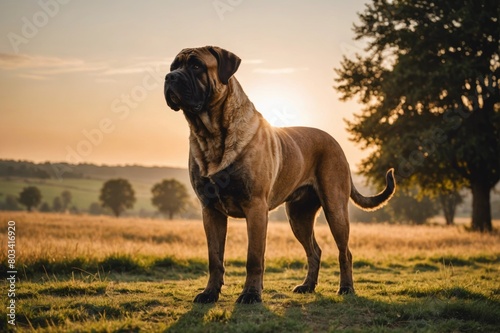 full body of Mastiff dog on blurred countryside background, copy space