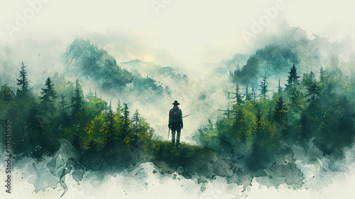 watercolor painting style of a hunter in the woods