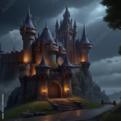 castle with a fantasy view, cloudy and foggy